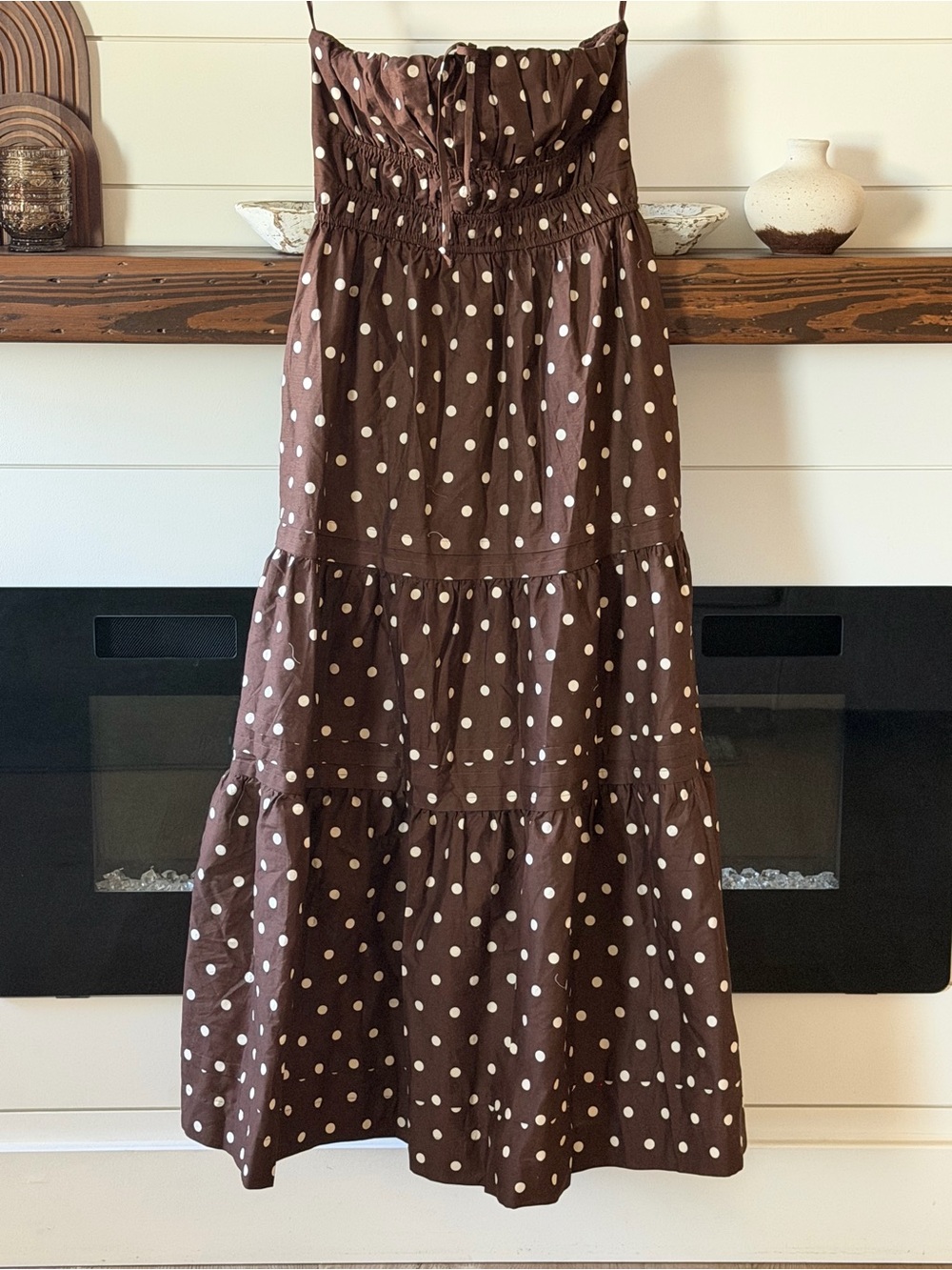 Altar'd State Brown Maxi Dress with Cream Polka Dots and Smocked Bodice